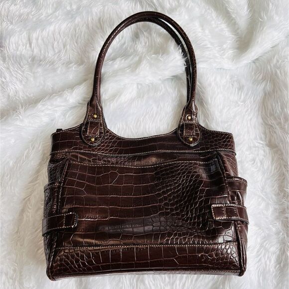 CHAPS Brown Faux Leather Croc Tote Shoulder Bag Business Casual Satchel Gold - Picture 4 of 15